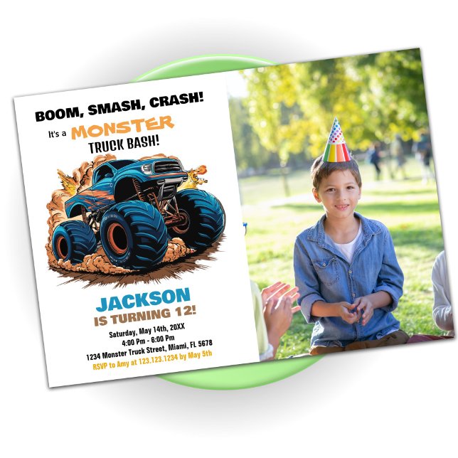 Blue Monster Truck Birthday Einladungen Foto (Blue Monster Truck Birthday Invitations Photo)