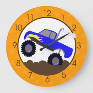 Blue Monster Truck Wall Clock with Orange/Browns Große Wanduhr