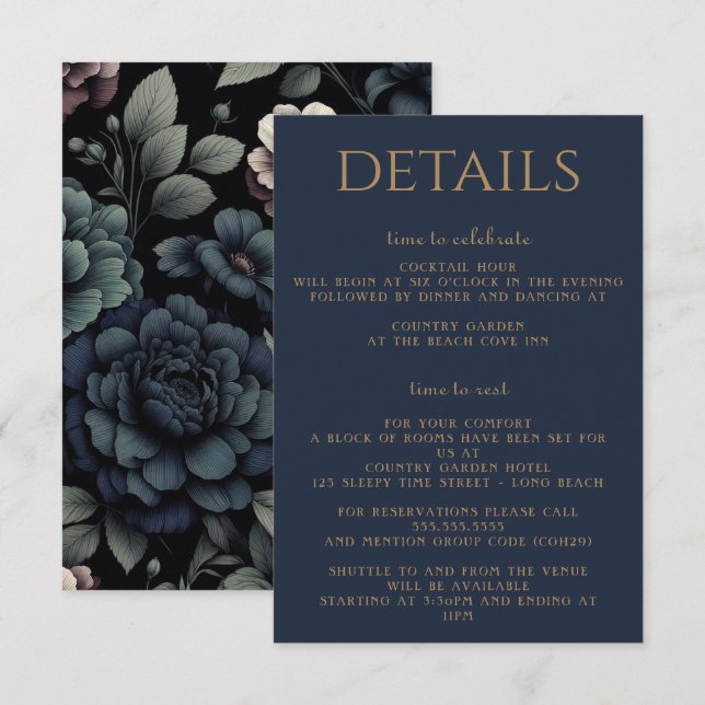 Blue Moody Floral Begleitkarte (Vorne/Hinten)