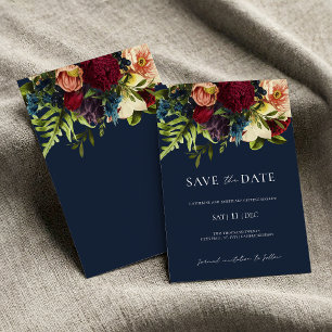 Blue Moody Floral Burgundy Hochzeit Speichern Sie Einladung