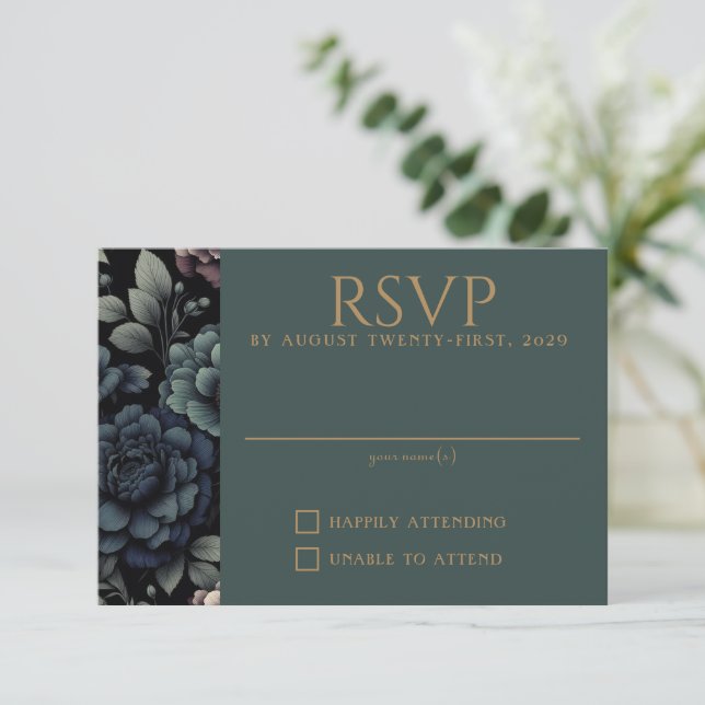 Blue Moody Floral RSVP Karte (Stehend Vorderseite)