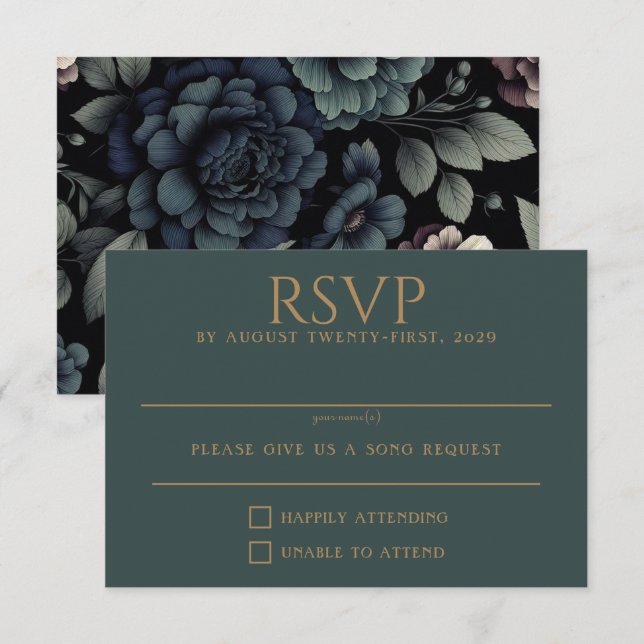 Blue Moody Floral RSVP Karte (Vorne/Hinten)