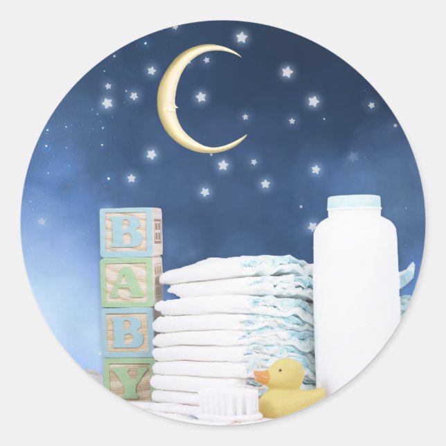 Blue Moon and Stars Baby Dusche Runder Aufkleber (Vorderseite)