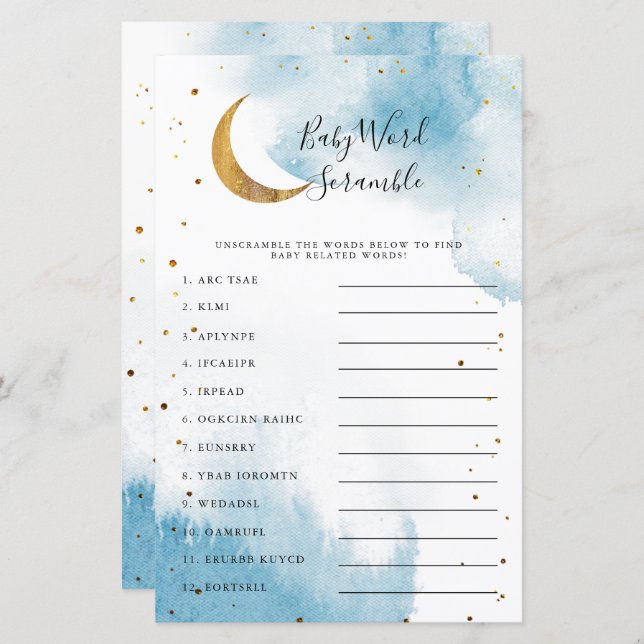 Blue Moon Baby Dusche Word Scramble Game (Vorne/Hinten)