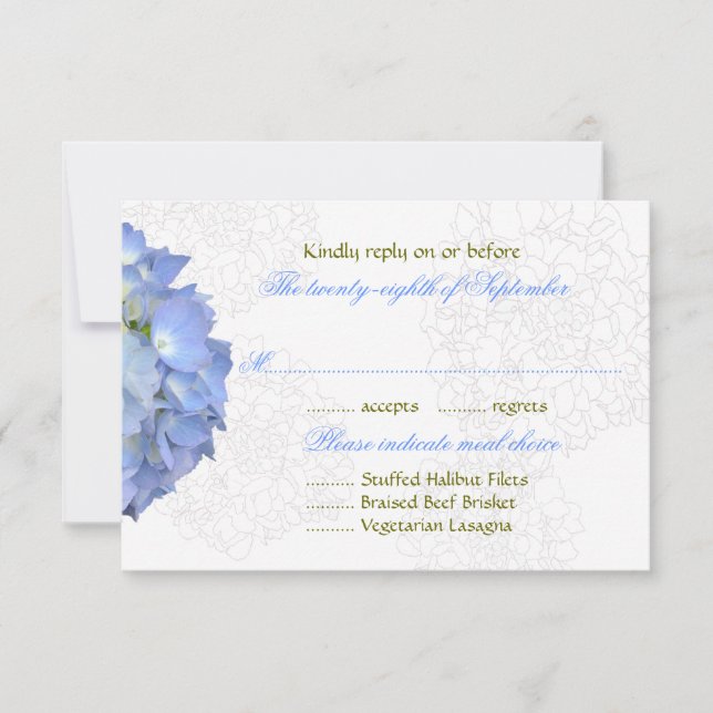 Blue Moon Hydrangea Wedding RSVP Menü Cards Karte (Vorderseite)