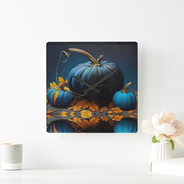 Blue Moon Pumpkins Herbstleaves Quadratische Wanduhr (Zuhause)