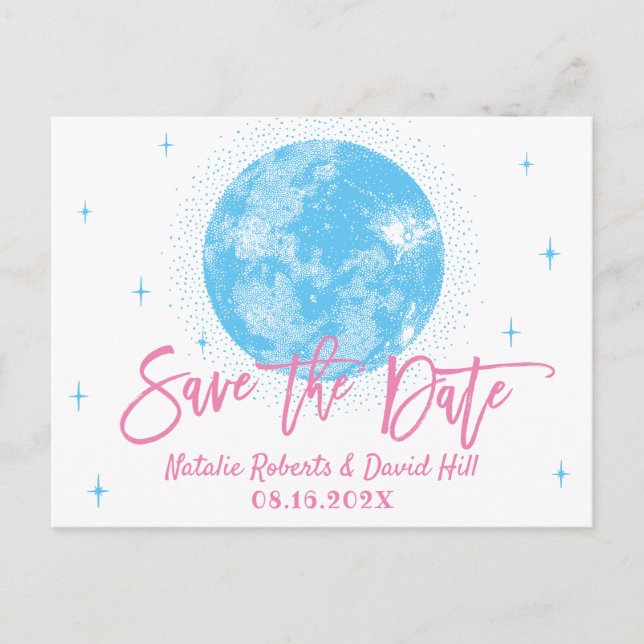 Blue Moon & Stars Celestial Wedding Save the Date Ankündigungspostkarte (Vorderseite)
