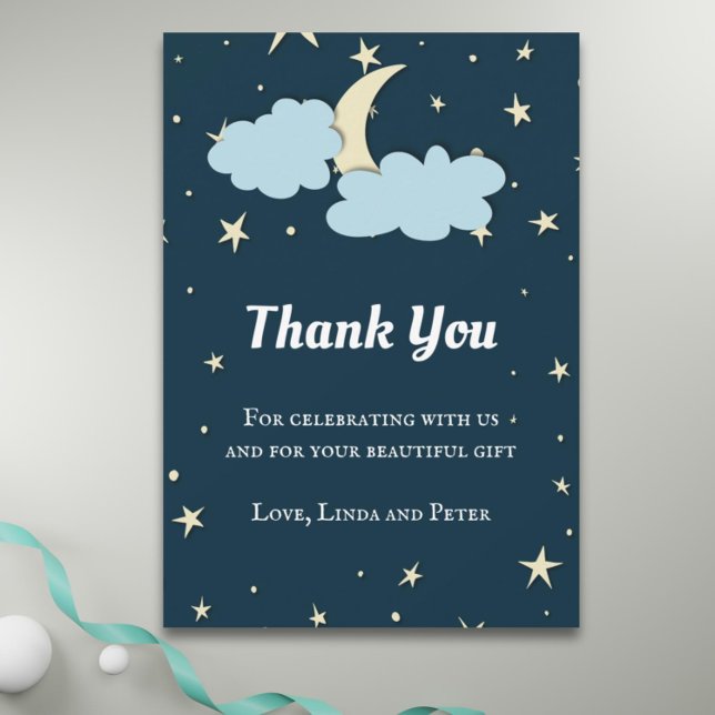 Blue Moon & Stars Mitternacht Elegante Dankeschön  Dankeskarte (Midnight blue over the moon baby shower thank you card)