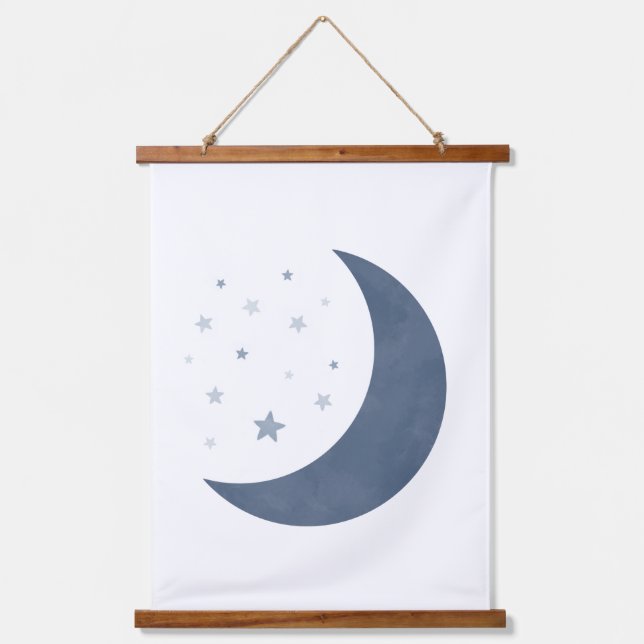 Blue Moon und Stars Boy Kinderzimmer Wandteppich Mit Holzrahmen (Vorderseite)