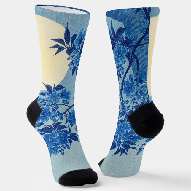 Blue Moonlit Tree: Japanischer Kirschblossom Nacht Socken (Gewinkelt)