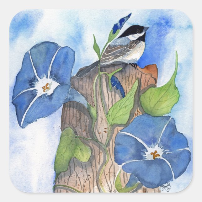 Blue Morning Glories und Chickadee Quadratischer Aufkleber (Vorderseite)