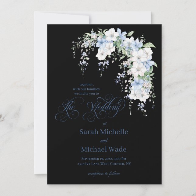 Blue Morning Glory Calligraphy Wedding Invitation Einladung (Vorderseite)