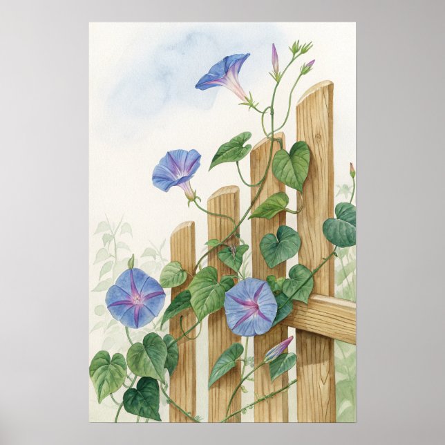Blue Morning Glory Fence Print | Garden Botanical  Poster (Vorne)