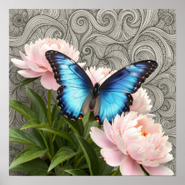Blue Morpho Butterfly Floral Botanical Art Poste Poster