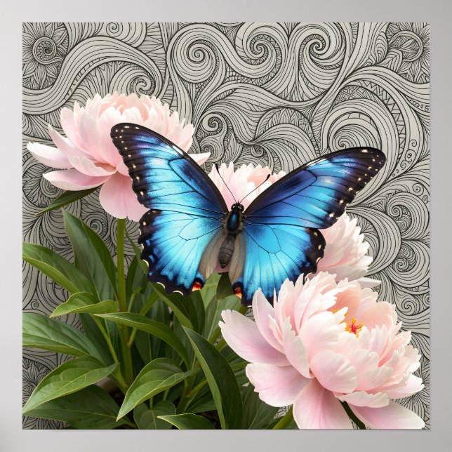 Blue Morpho Butterfly Floral Botanical Art  Poste Poster (Vorne)