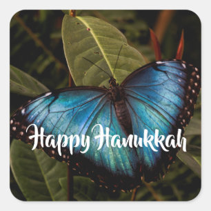 Blue Morpho, Butterfly Happy Hanukkah Quadratischer Aufkleber