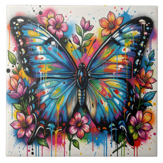Blue Morpho Butterfly Street Art Graffiti Grunge Fliese