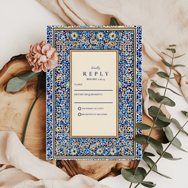 Blue Mosaic Islamic Wedding RSVP Karte (Von Creator hochgeladen)