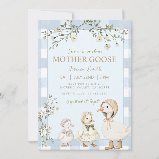 Blue Mother Goose Baby Shower Gender Boy Einladung (Vorderseite)