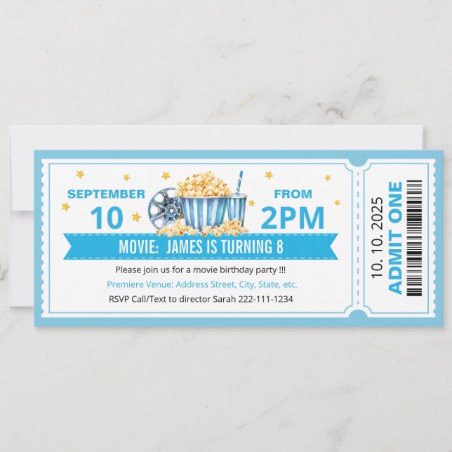 Blue Movie ticket birthday invitation Einladung (Vorderseite)