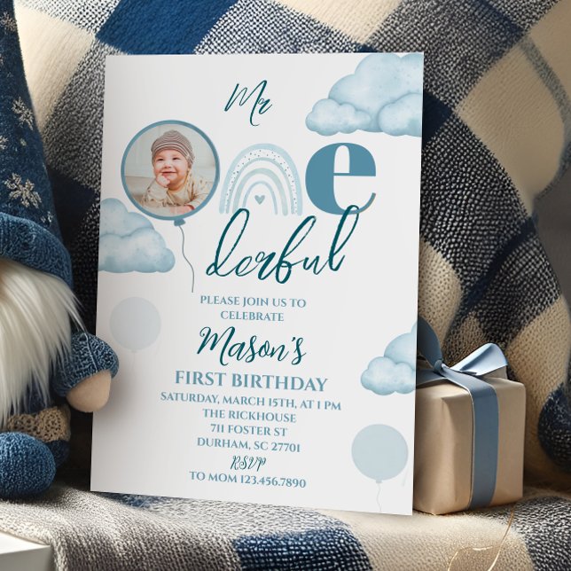 Blue Mr ONE-derful Photo Birthday Invitation Einladung (Von Creator hochgeladen)