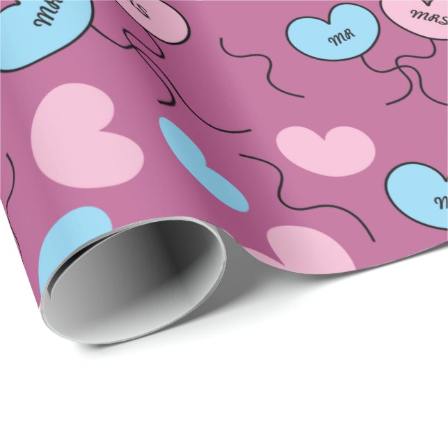 Blue Mr Pink Mrs Balloon Anniversary Gift Nahtlos Geschenkpapier (Rolleneckpunkt)