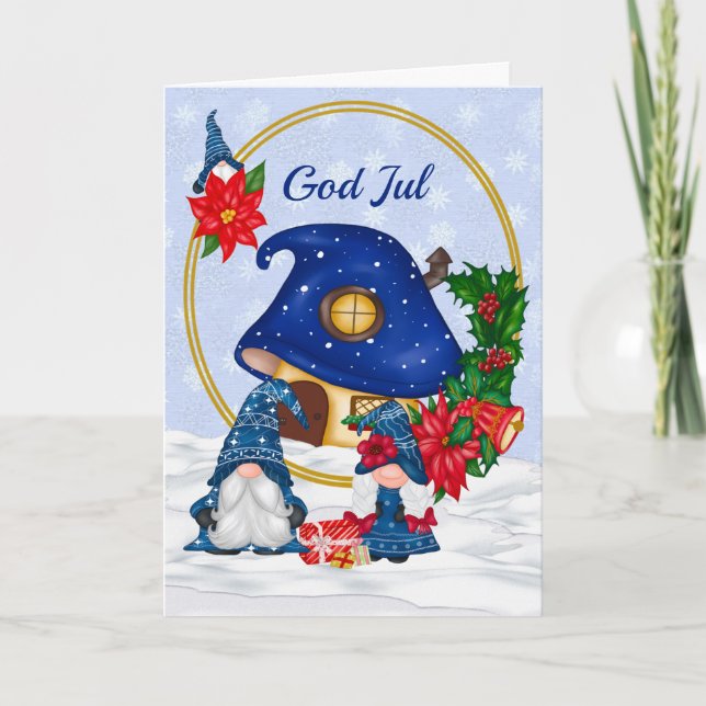 Blue Mr. und Mrs. Gnome God Jul Karte (Vorderseite)