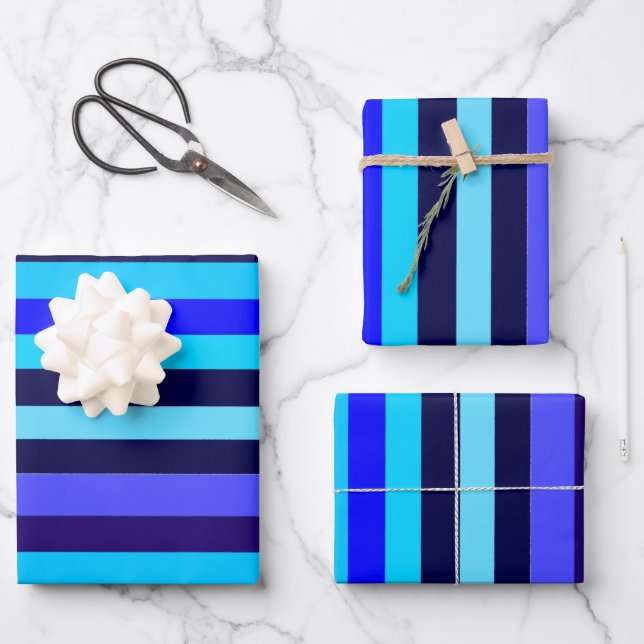 Blue Multi Tone Streifen Geschenkpapier Set (Vorderseite)