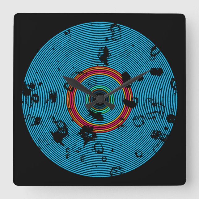 Blue Multicolor Vinyl Disk Texture Muster Quadratische Wanduhr (Vorderseite)