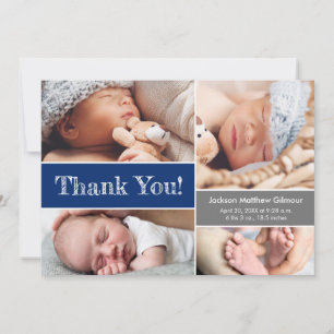 Blue Multiple Fotos Baby Boy Shower Sketch Dankeskarte