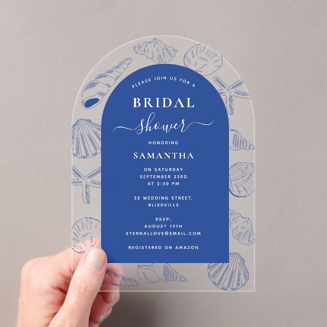 Blue Muscheln Beach Summer Arch Brautparty Acryleinladungen (Insitu (Handheld))