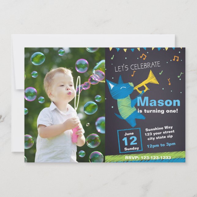 Blue Music Birthday Einladung mit Foto (Vorderseite)