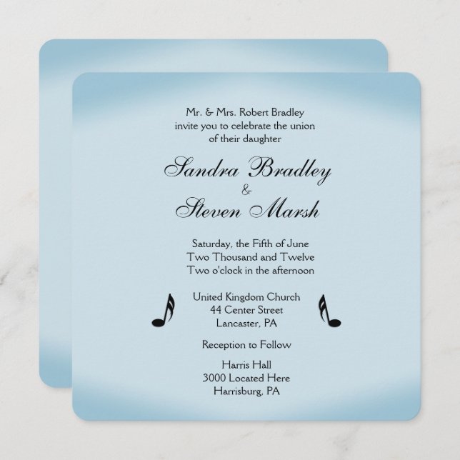 Blue Music Theme Wedding Einladung (Vorne/Hinten)