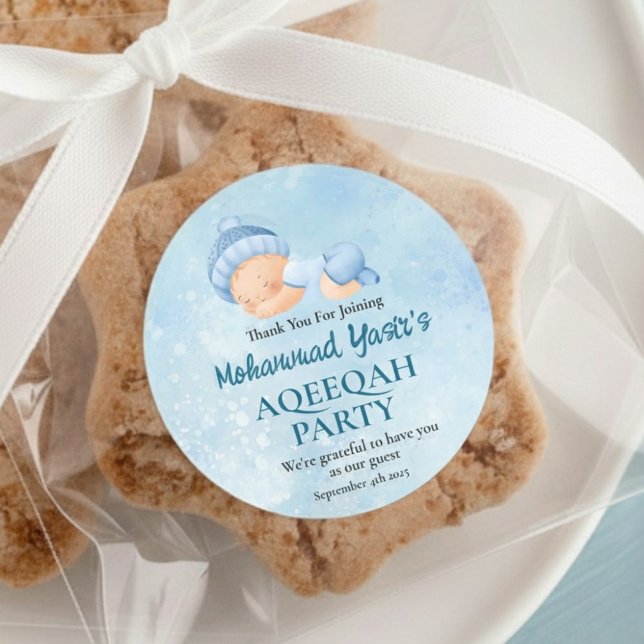 Blue Muslim Neuborn Baby Boy Aqeeqah Classic Round Runder Aufkleber (Von Creator hochgeladen)