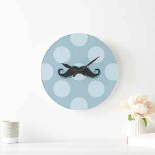 Blue Mustache, Curl Mustache, Stache, Polka Dots Große Wanduhr