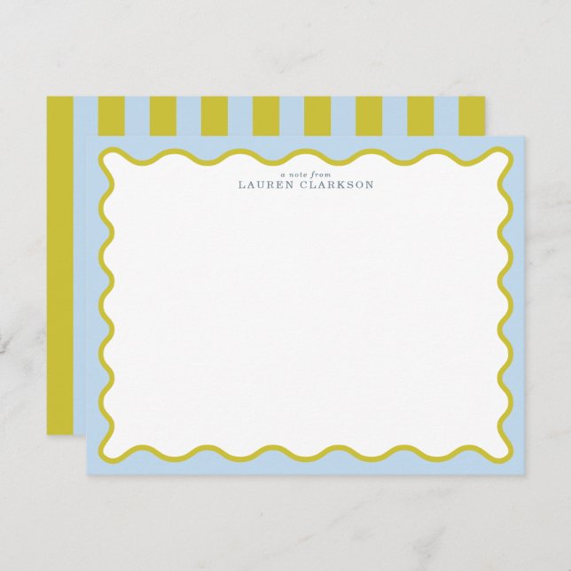 Blue & Mustard Wavy Border Note Card Einladung (Vorne/Hinten)