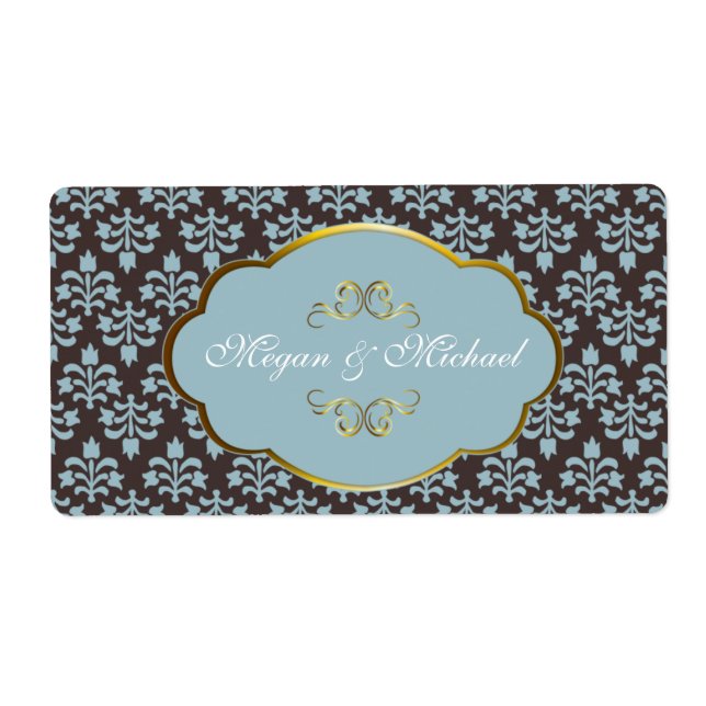 Blue n Brown Damask Hochzeitslabel (Vorne)