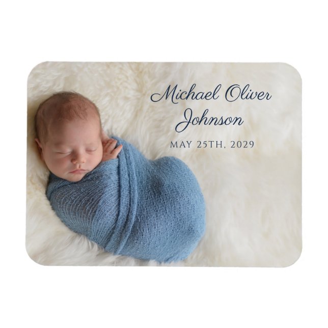 Blue Name Birth Date Script Baby Foto Magnet (Horizontal)