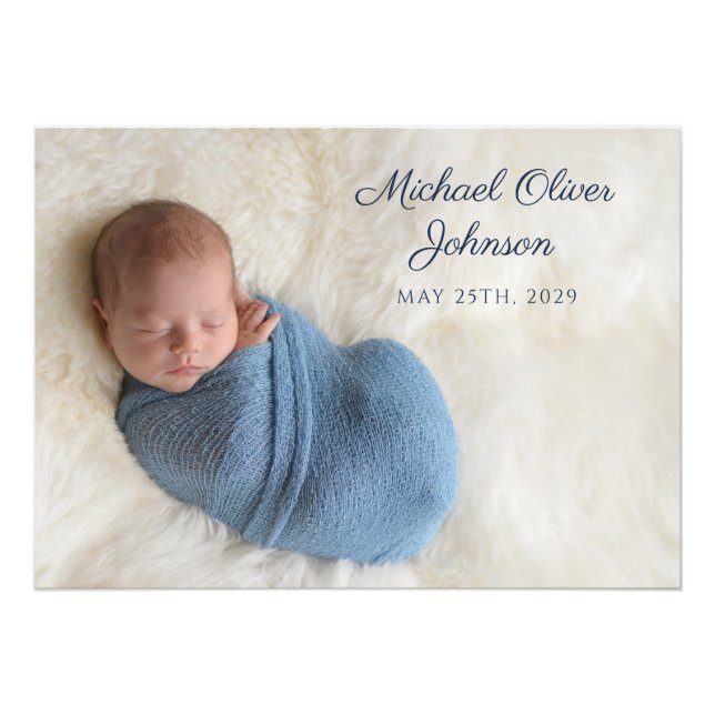 Blue Name Birth Date Script Baby Foto Print (Vorne)
