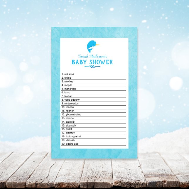 Blue Narwhal Baby Dusche Word Scramble Game Briefpapier (Von Creator hochgeladen)