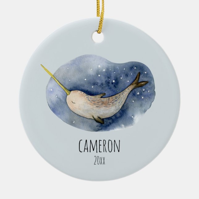 Blue Narwhal Modern Watercolor Ocean Personalized Keramik Ornament (Vorne)