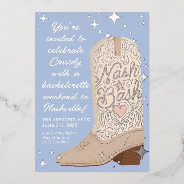 Blue Nash Bash Cowgirl Boot Junggeselinnen-Abschie Folieneinladung (Vorderseite)