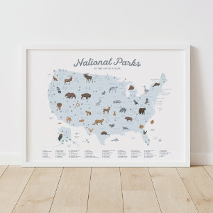 Blue National Parks Map Woodland Kinderzimmer Deco Poster