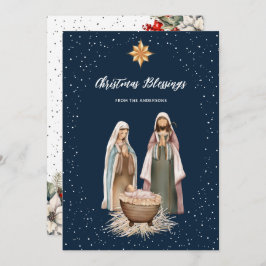Blue Nativity Botanical Christian Christmas Card Feiertagskarte