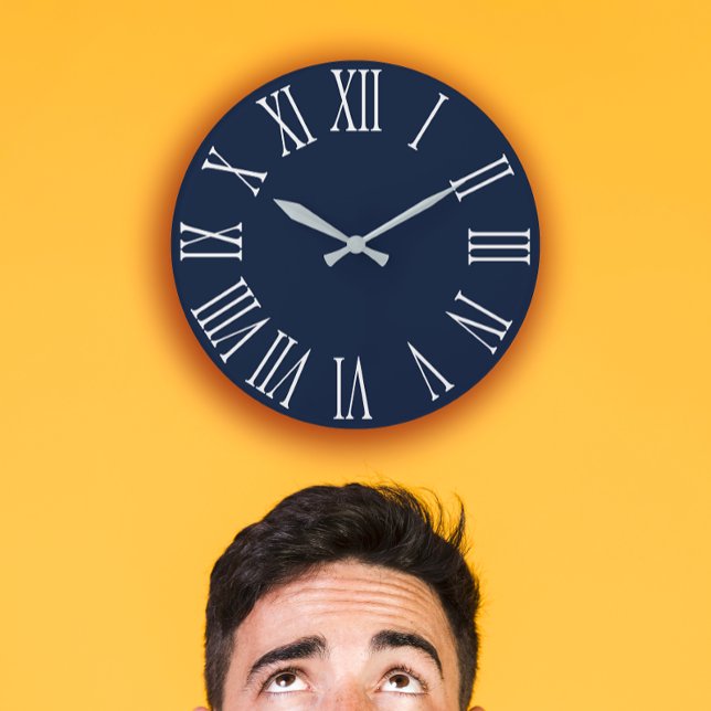 Blue Nauti Gray Metallic Silver Roman Number2 Große Wanduhr (Blue Navy Nauti Gray Metallic Silver Roman Number  Large Clock)