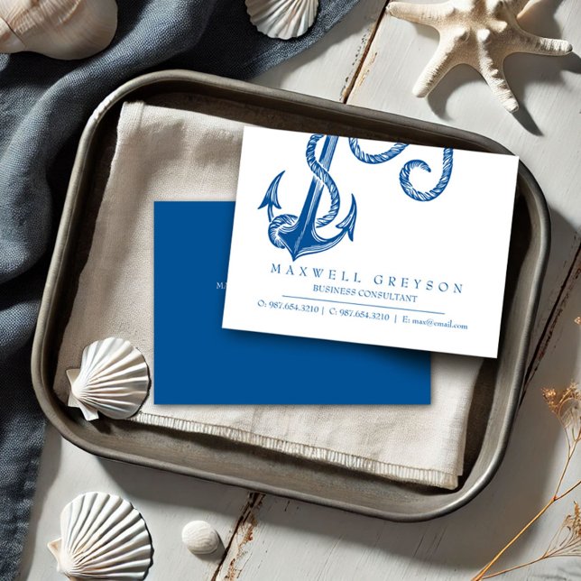 Blue Nautic Anchor Business Card Begleitkarte (Business cards dark blue anchor coastal small business theme)