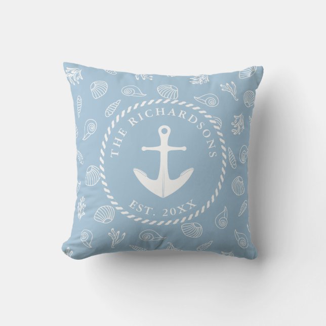 Blue Nautic Anchor Coastal Beach House Kissen (Vorderseite)