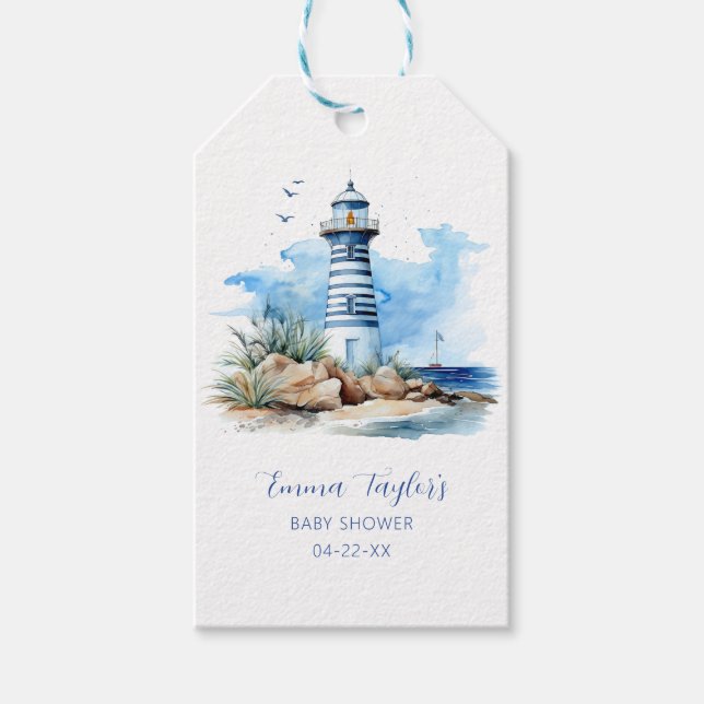 Blue Nautic Lighthouse Baby Showmarke Geschenkanhänger (Vorderseite)
