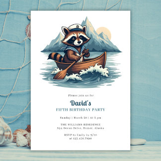Blue Nautic Niedlich Fishing Raccoon Geburtstagspa Einladung