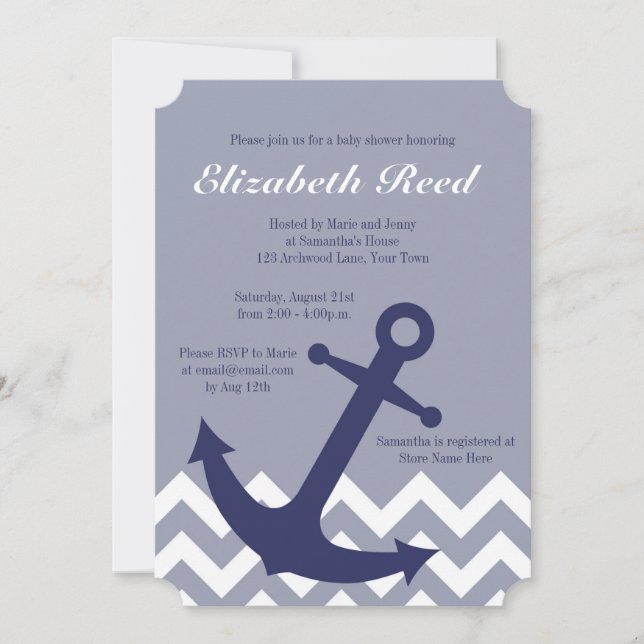 Blue Nautical Anchor auf Zickzack Ocean Baby Dusch Einladung (Vorderseite)